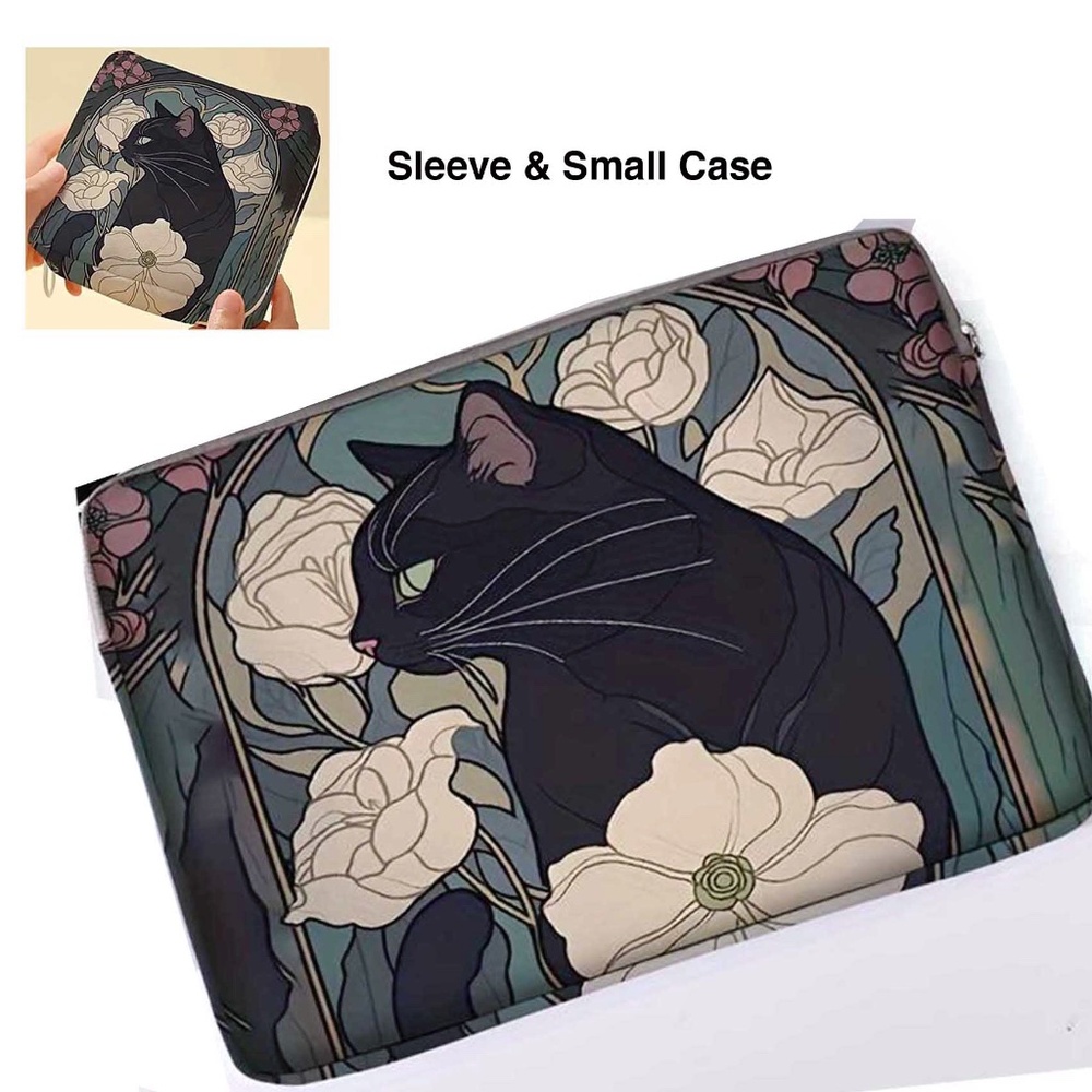 Laptop Sleeve & Cord Case Black Cat w Peonies